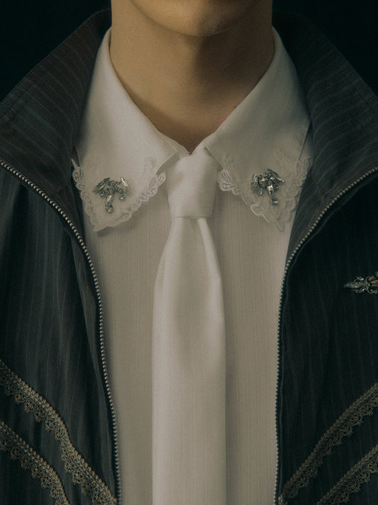 Lace bijou bow tie shirt White【Delivery in February 2027】