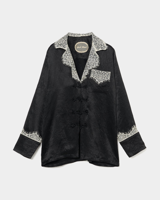 lace collar sleep china button shirt Black【stock】