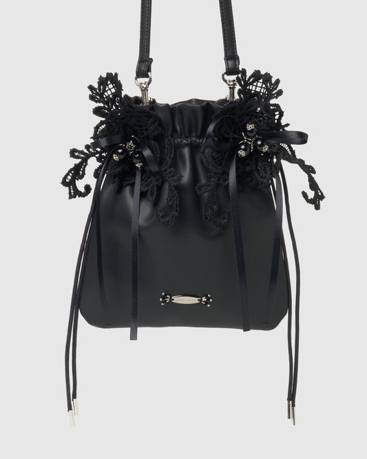 lace flower drawstring sacoche Black【Stock】