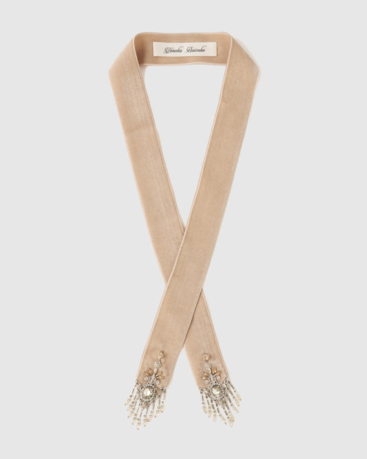 crystal silver tip velvet long ribbon beige【stock】