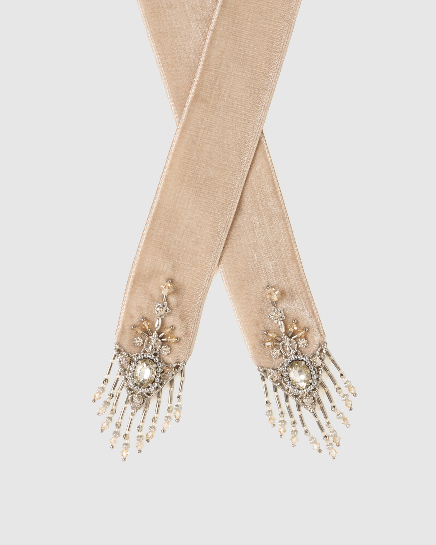 crystal silver tip velvet long ribbon beige【POPUP先行】