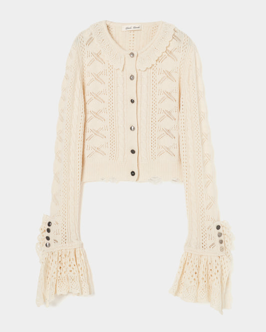 ribbon pattern frilled sleeve knit cardigan Ivory 【stock】