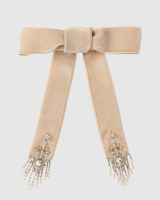 crystal silver tip velvet long ribbon beige【stock】