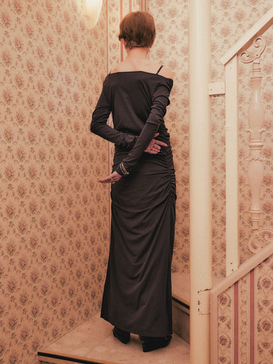 lace layered drape jersey dress Black【Stock】