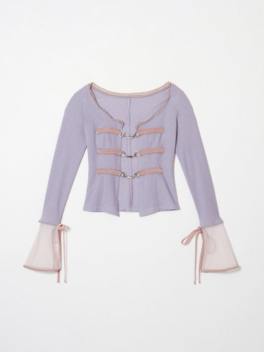 sheer sleeve random rib cardigan Lavender【Stock】