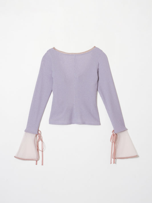 sheer sleeve random rib cardigan Lavender【Stock】