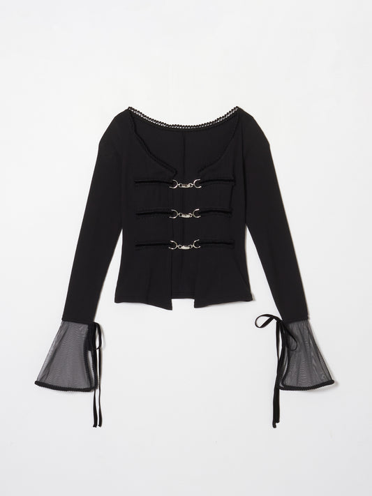 sheer sleeve random rib cardigan Black【Stock】