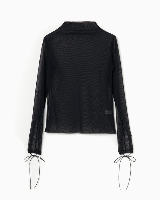 lace up sleeve sheer tops Black【stock】