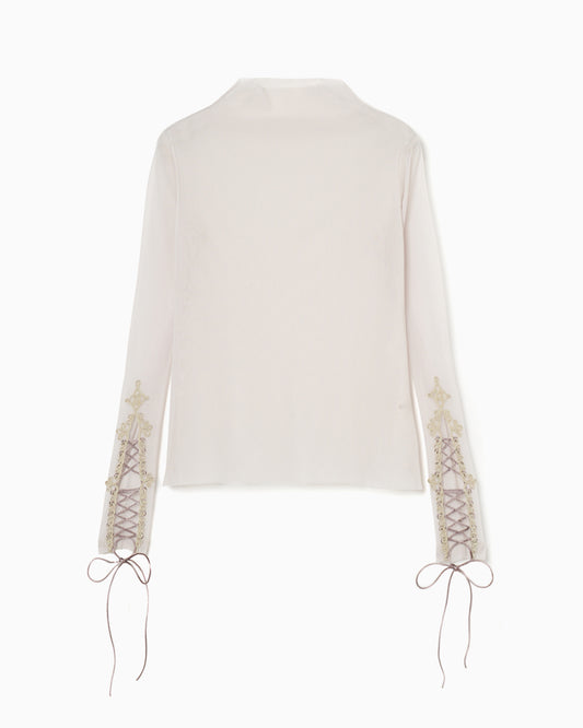 lace up sleeve sheer tops Beige【Delivery in March 2024】
