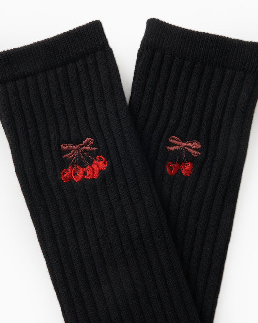 cherry embroidery socks Black【stock】