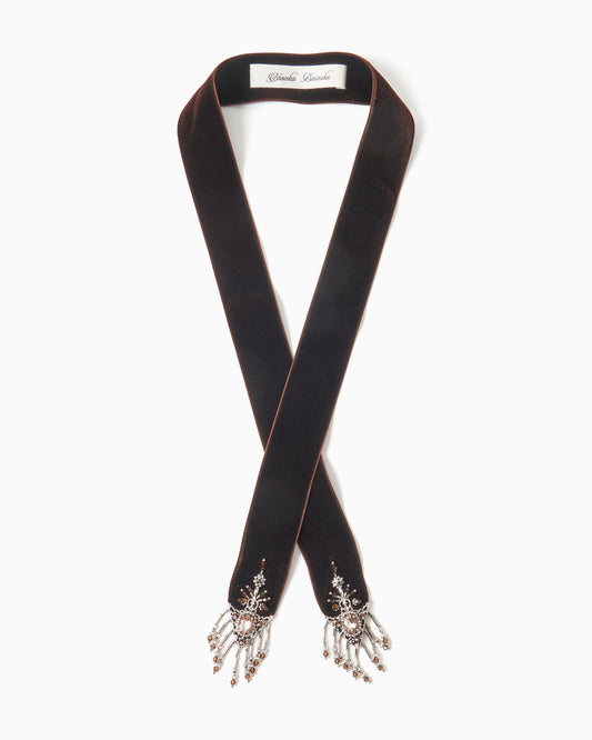 crystal silver tip velvet long ribbon Brown【Delivery in July 2025】