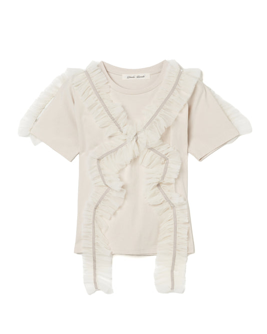 gather tulle ribbon tops Beige【stock】