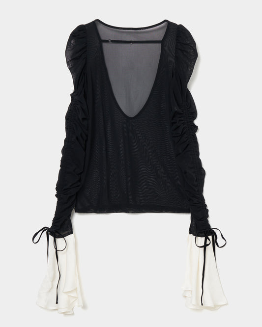 ruffle sleeve back open tulle tops【stock】