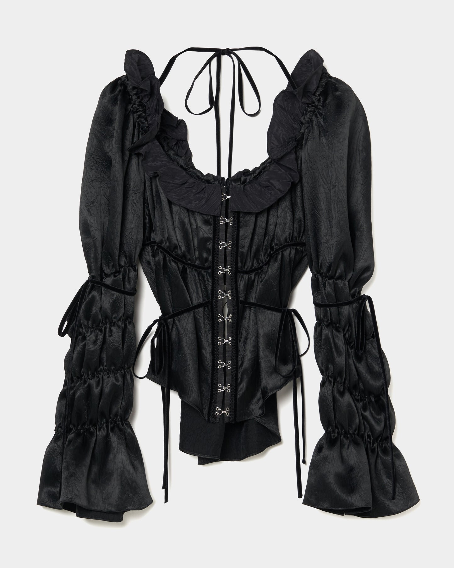 front hook ribbon satin blouse Black【stock】