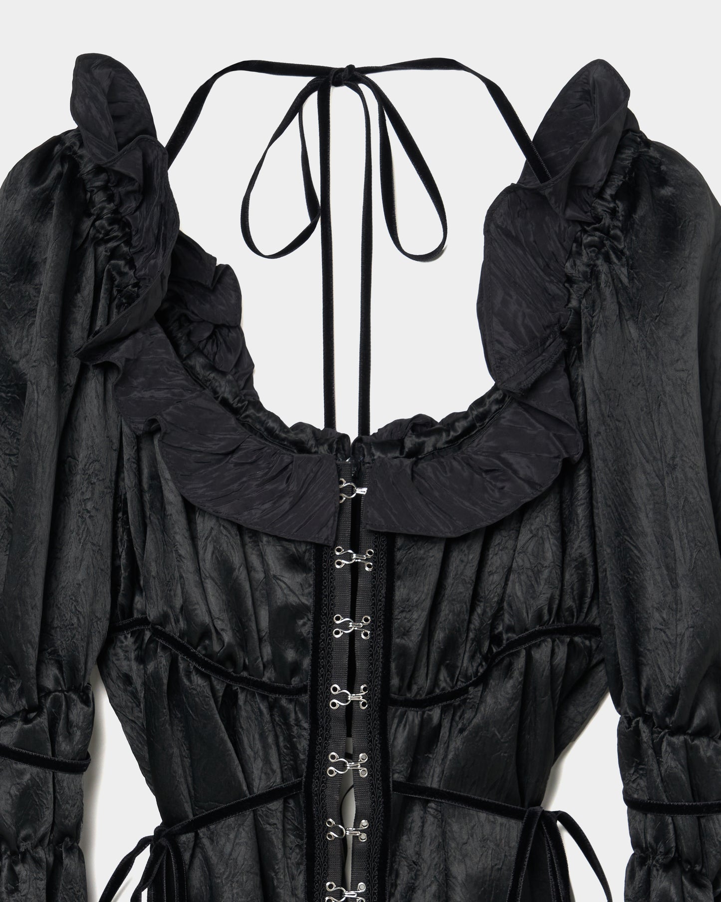 front hook ribbon satin blouse Black【stock】