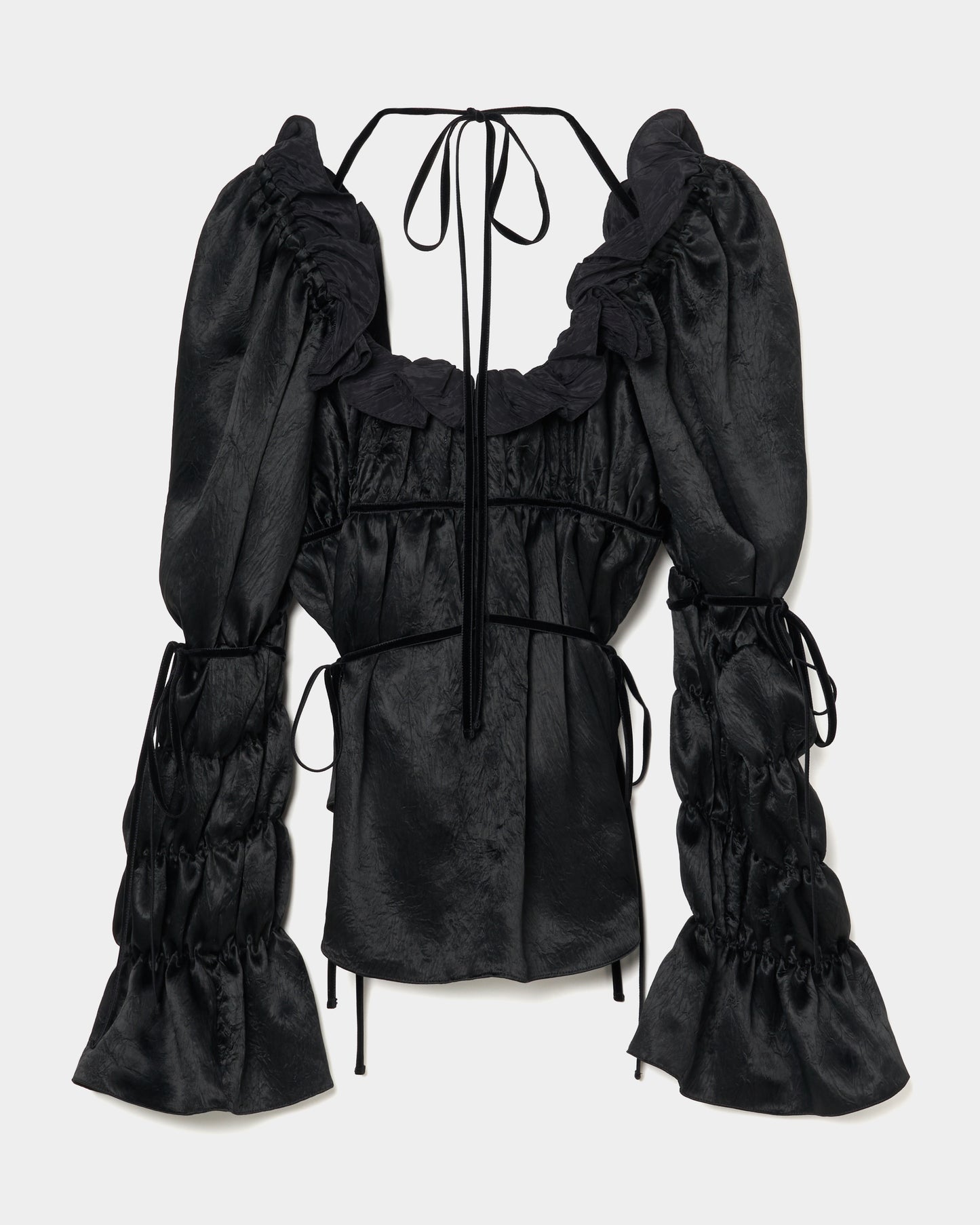 front hook ribbon satin blouse Black【stock】