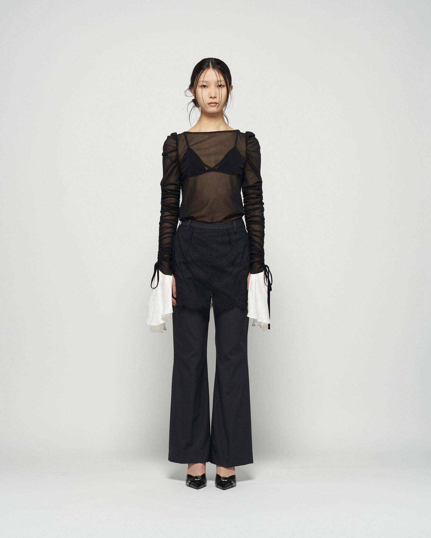 ruffle sleeve back open tulle tops【stock】