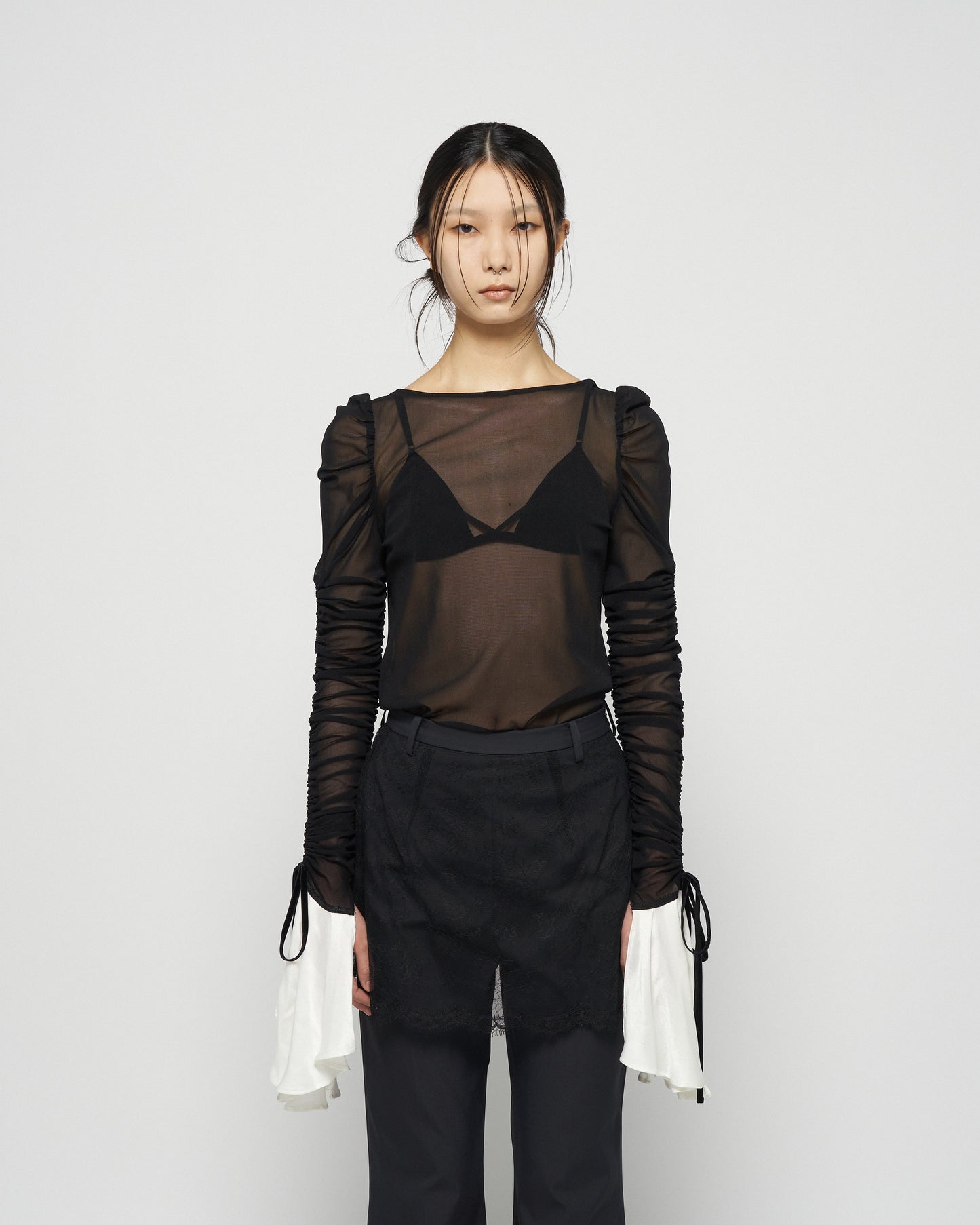 ruffle sleeve back open tulle tops【stock】