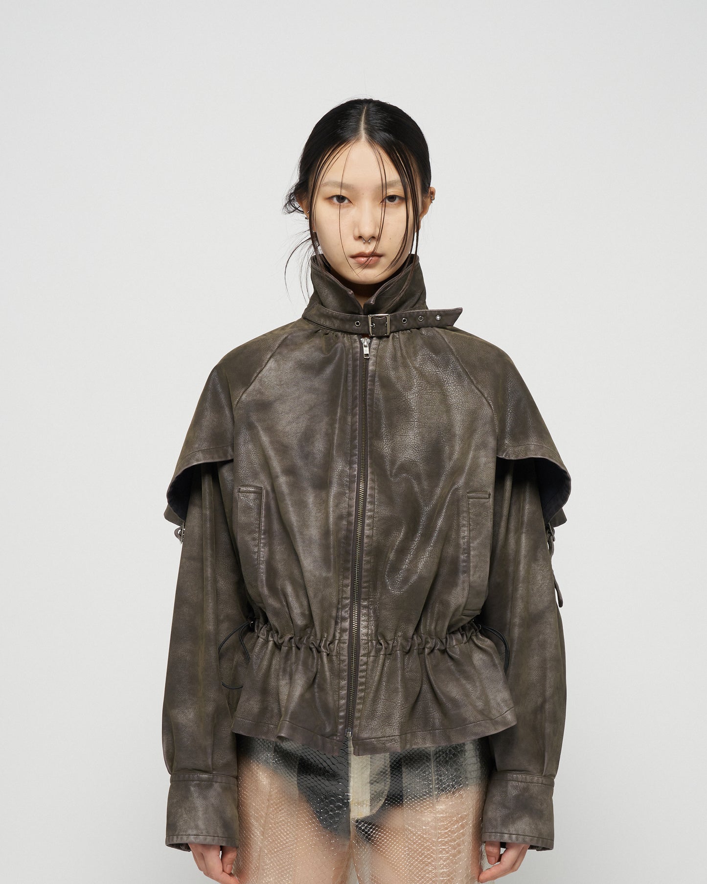 drawstring fade leather blouson Charcoal brown【Delivery in September 2025】