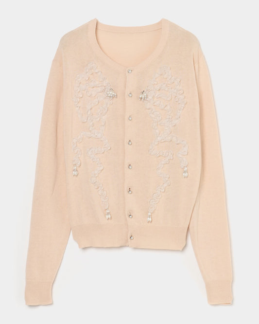Ribbon tulle pearl embroidery cardigan Shell pink【Delivery in February 2026】