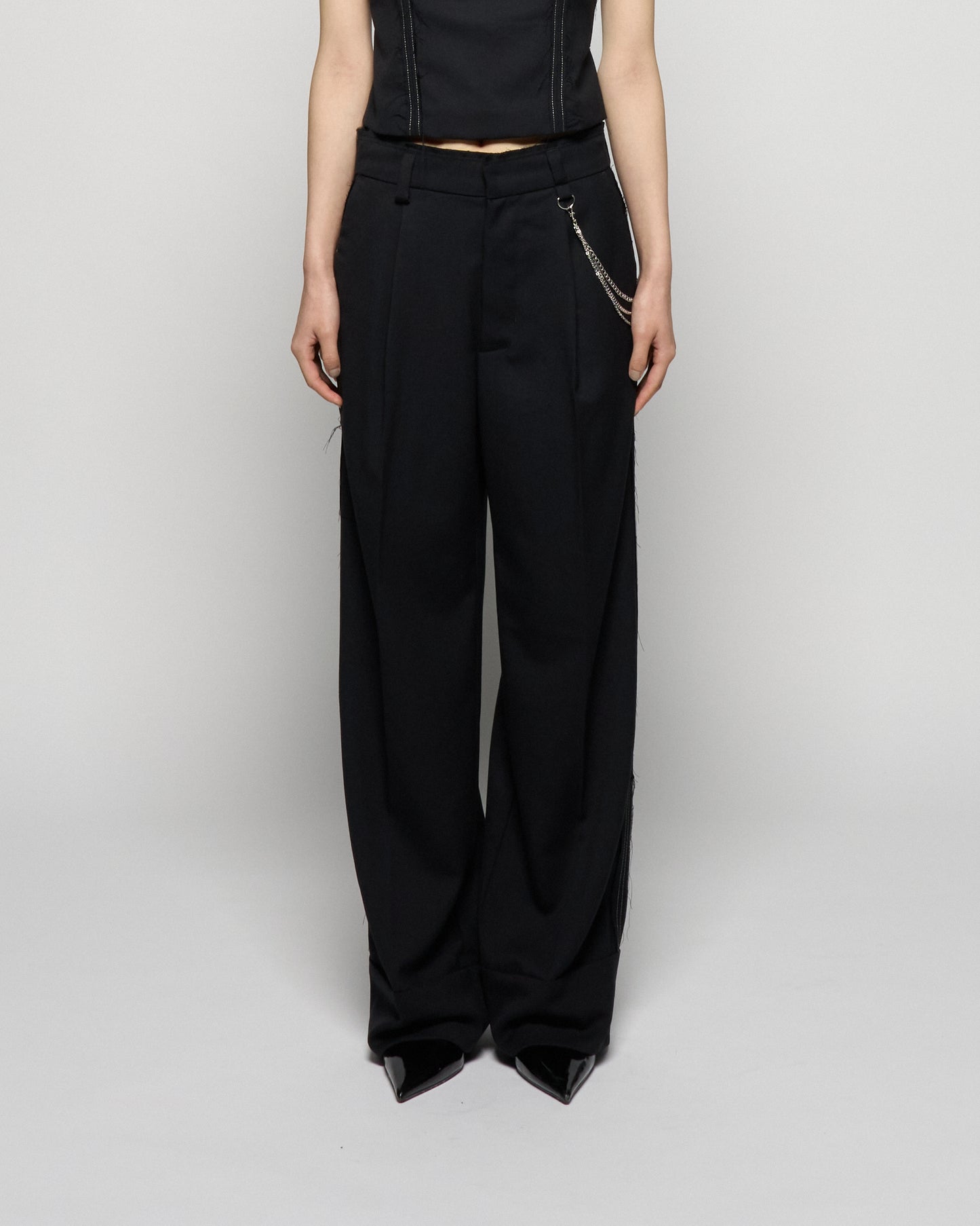 seam frayed dropped chain pants Black【Delivery in February 2026】