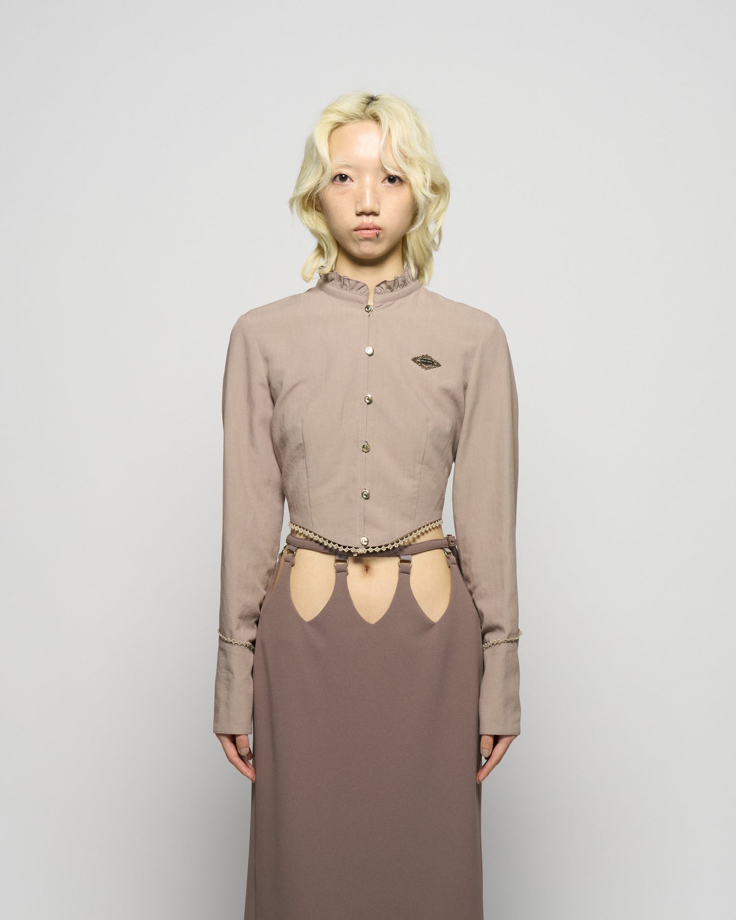 back curtain cropped blouse Olive brown【Delivery in January 2026】
