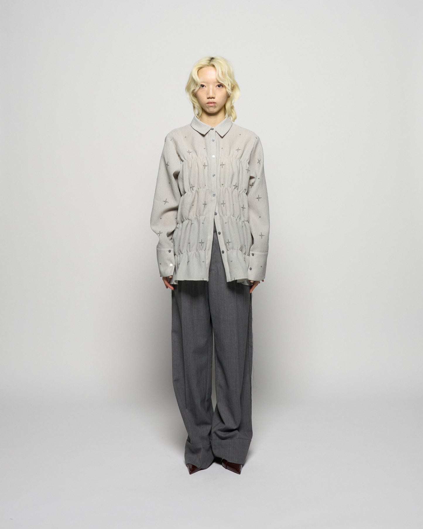 cross embroidery shirring shirt Ash gray【Delivery in February 2026】