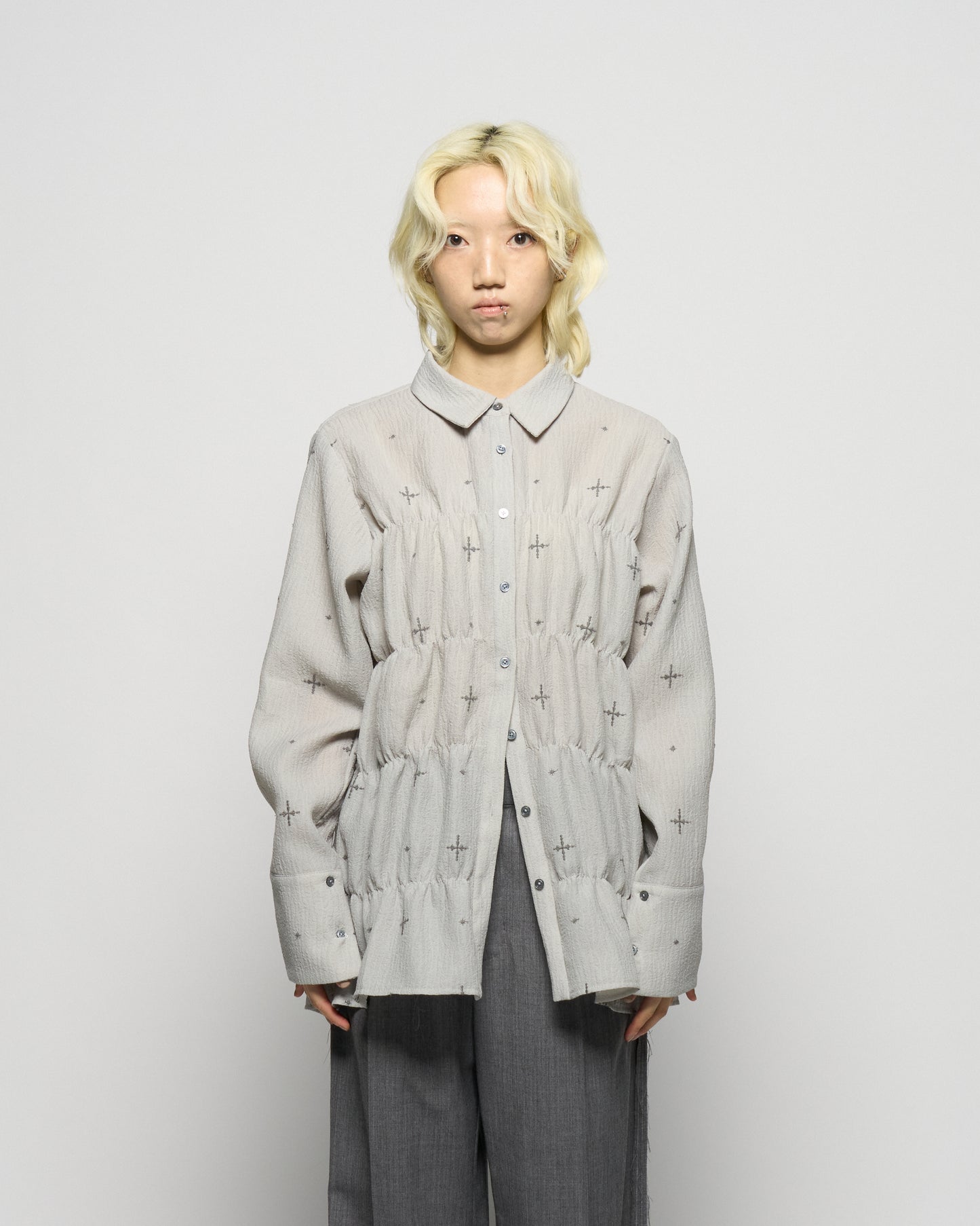 cross embroidery shirring shirt Ash gray【Delivery in February 2026】