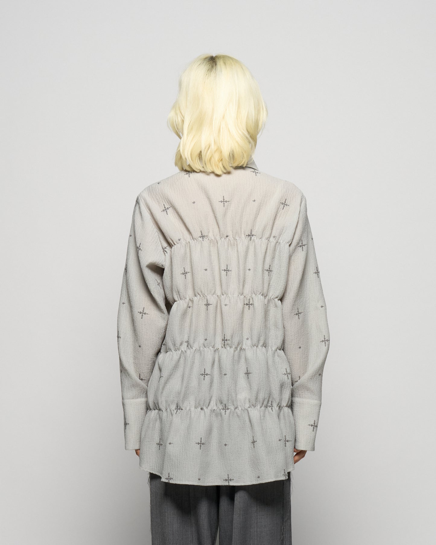 cross embroidery shirring shirt Ash gray【Delivery in February 2026】