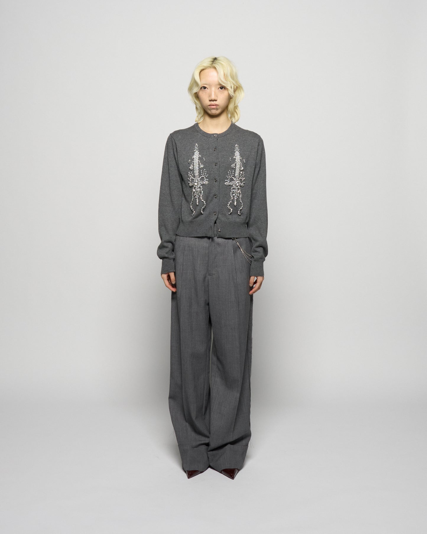 ribbon knight bijou embroidery cardigan Heather gray【Delivery in February 2026】