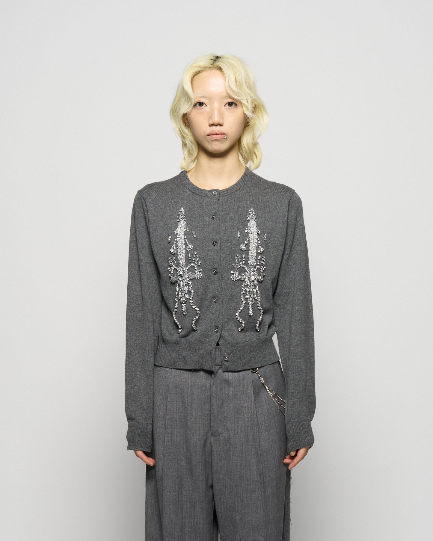 ribbon knight bijou embroidery cardigan Heather gray【Delivery in February 2026】