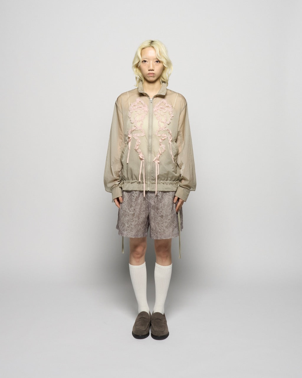 ribbon tulle embroidery wind breaker Khaki 【Delivery in January 2026】