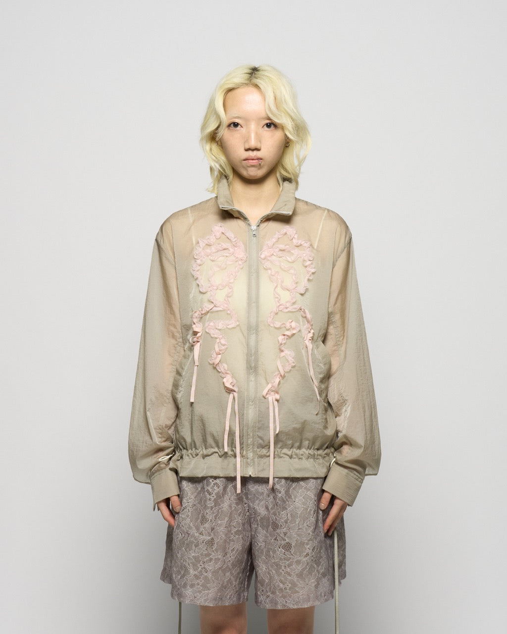 ribbon tulle embroidery wind breaker Khaki 【Delivery in January 2026】