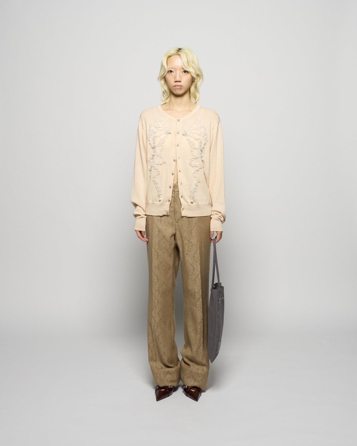 Ribbon tulle pearl embroidery cardigan Shell pink【Delivery in February 2026】