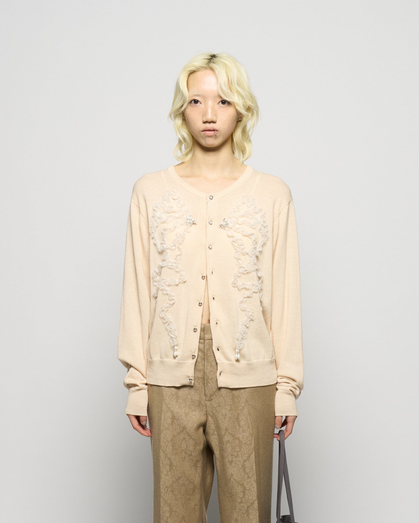 Ribbon tulle pearl embroidery cardigan Shell pink【Delivery in February 2026】