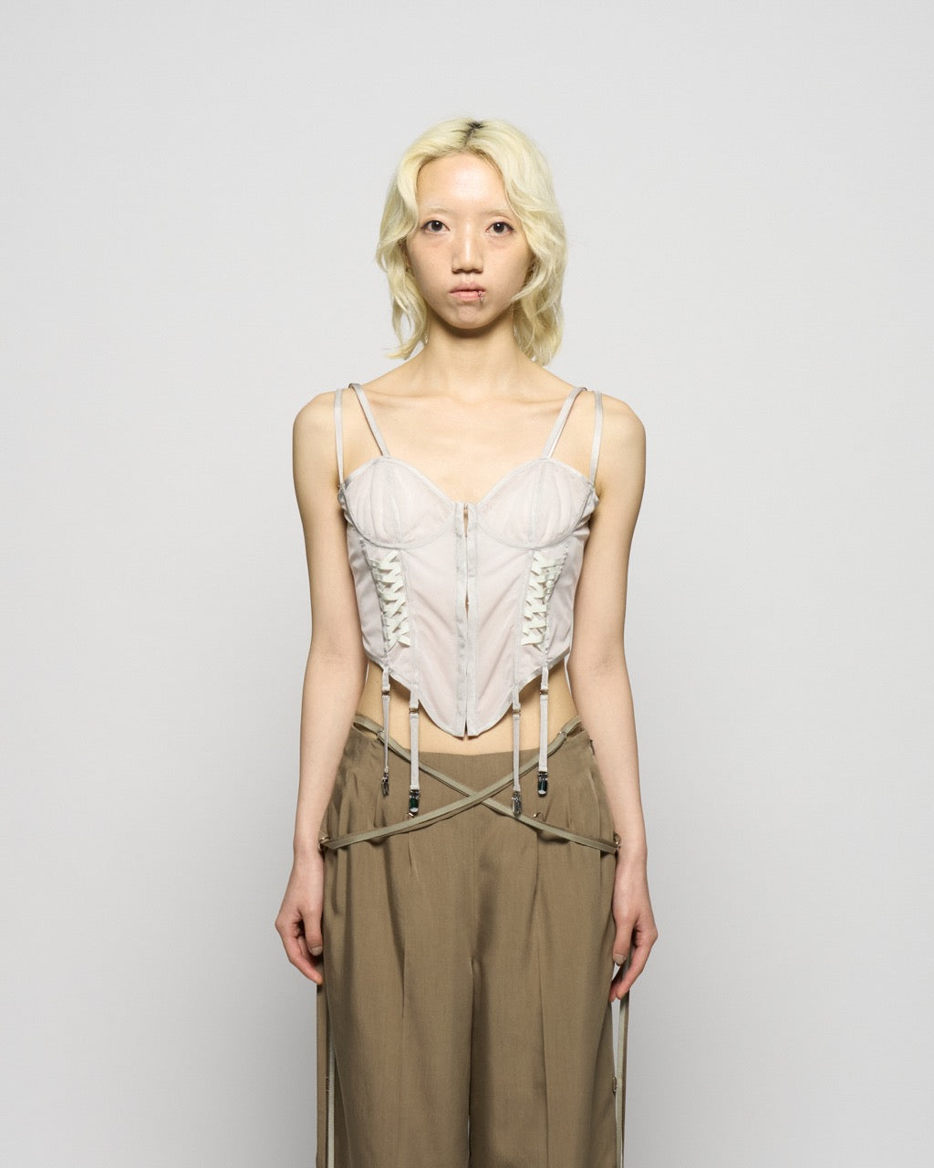 lace up garter sheer corset Smoke green【Delivery in February 2026】