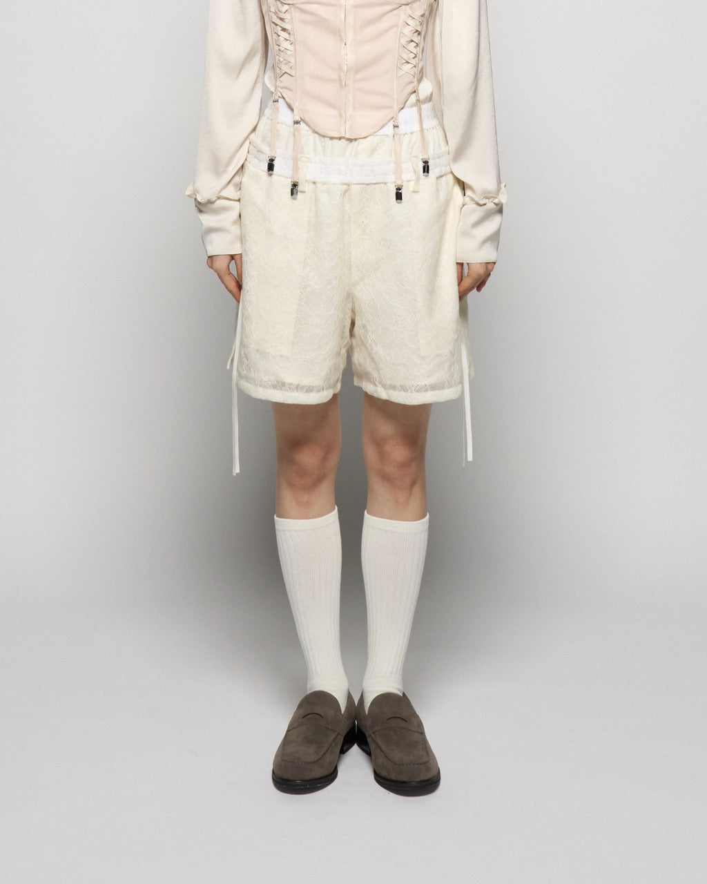 fuzzy lace layered half pants Cream【Delivery in January 2026】
