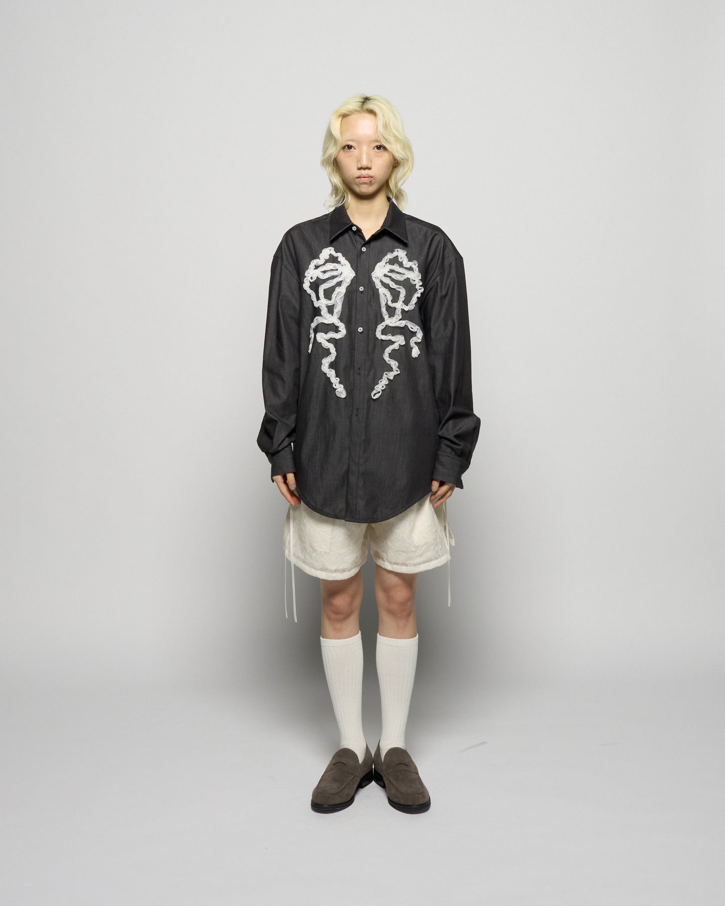 ribbon tulle embroidery shirt Black【Delivery in January 2026】