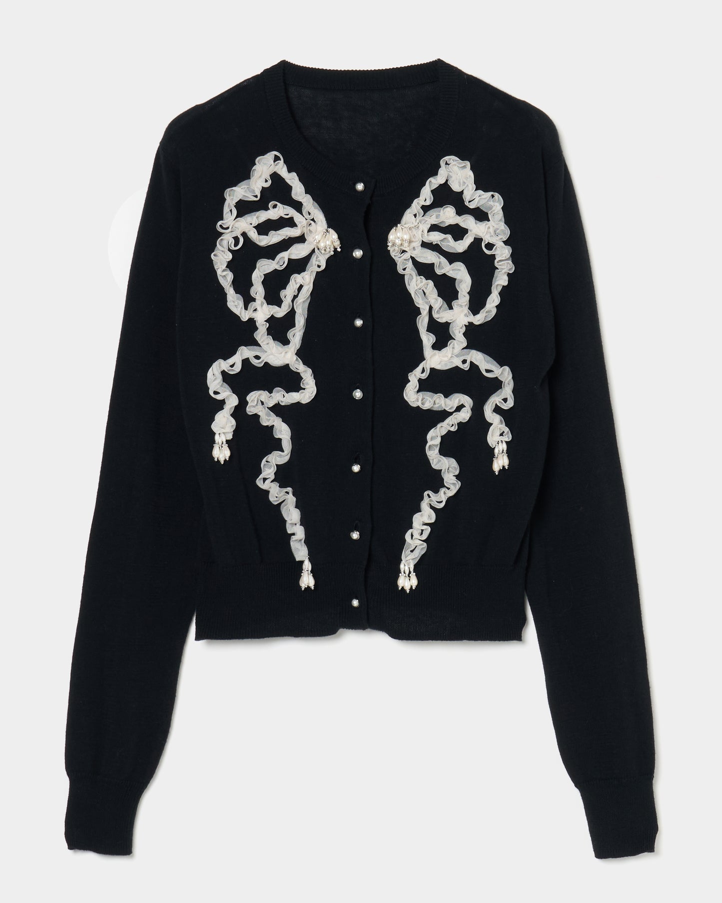 Ribbon tulle pearl embroidery cardigan Black【Delivery in February 2026】