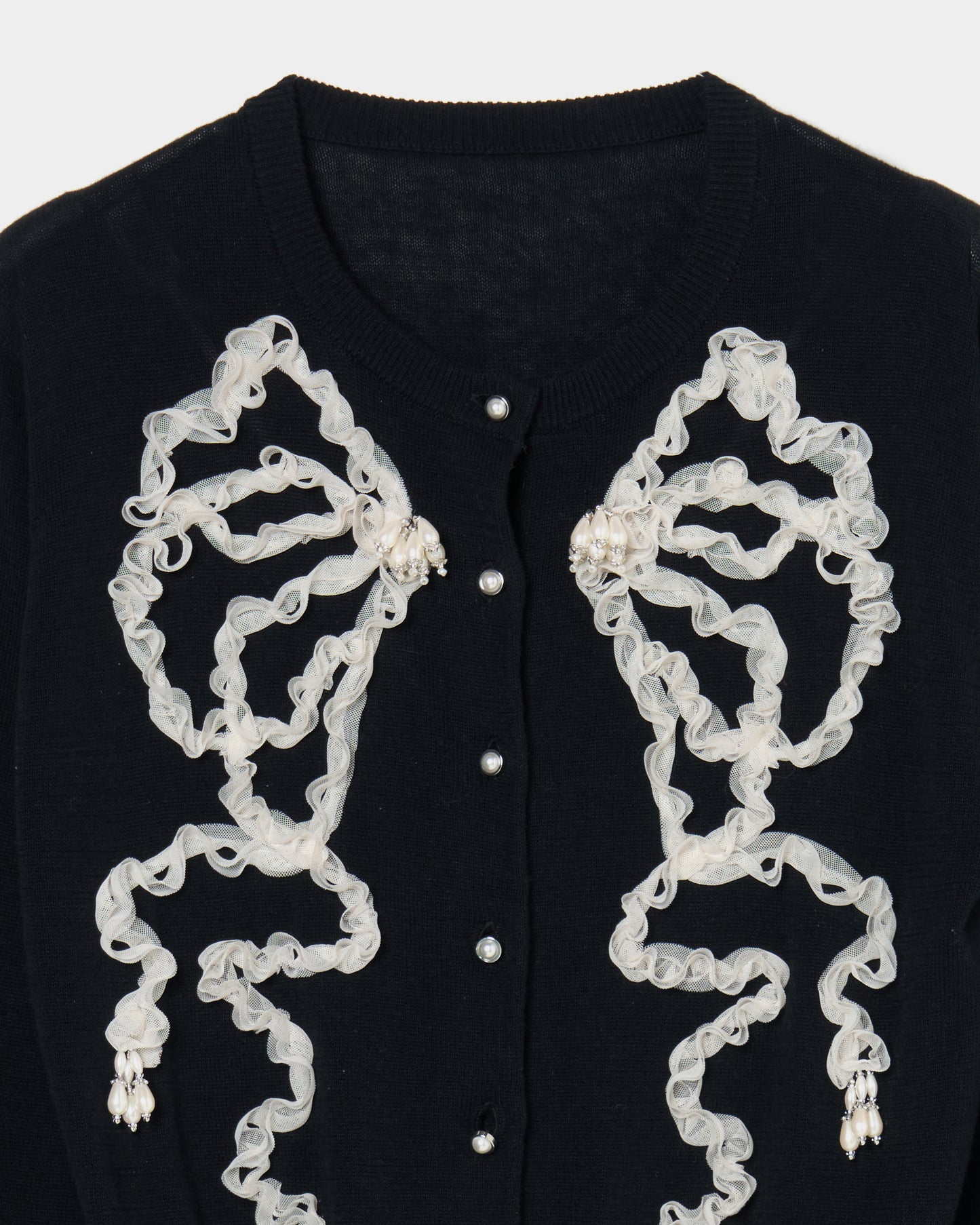 Ribbon tulle pearl embroidery cardigan Black【Delivery in February 2026】
