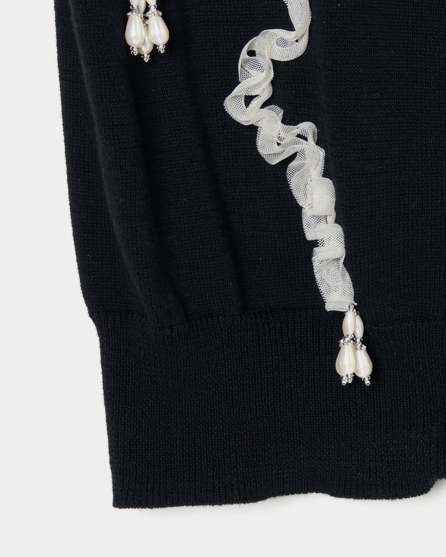 Ribbon tulle pearl embroidery cardigan Black【Delivery in February 2026】