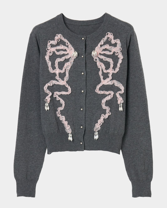 Ribbon tulle pearl embroidery cardigan Heather gray【Delivery in February 2026】