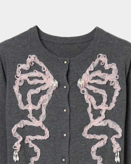 Ribbon tulle pearl embroidery cardigan Heather gray【Delivery in February 2026】