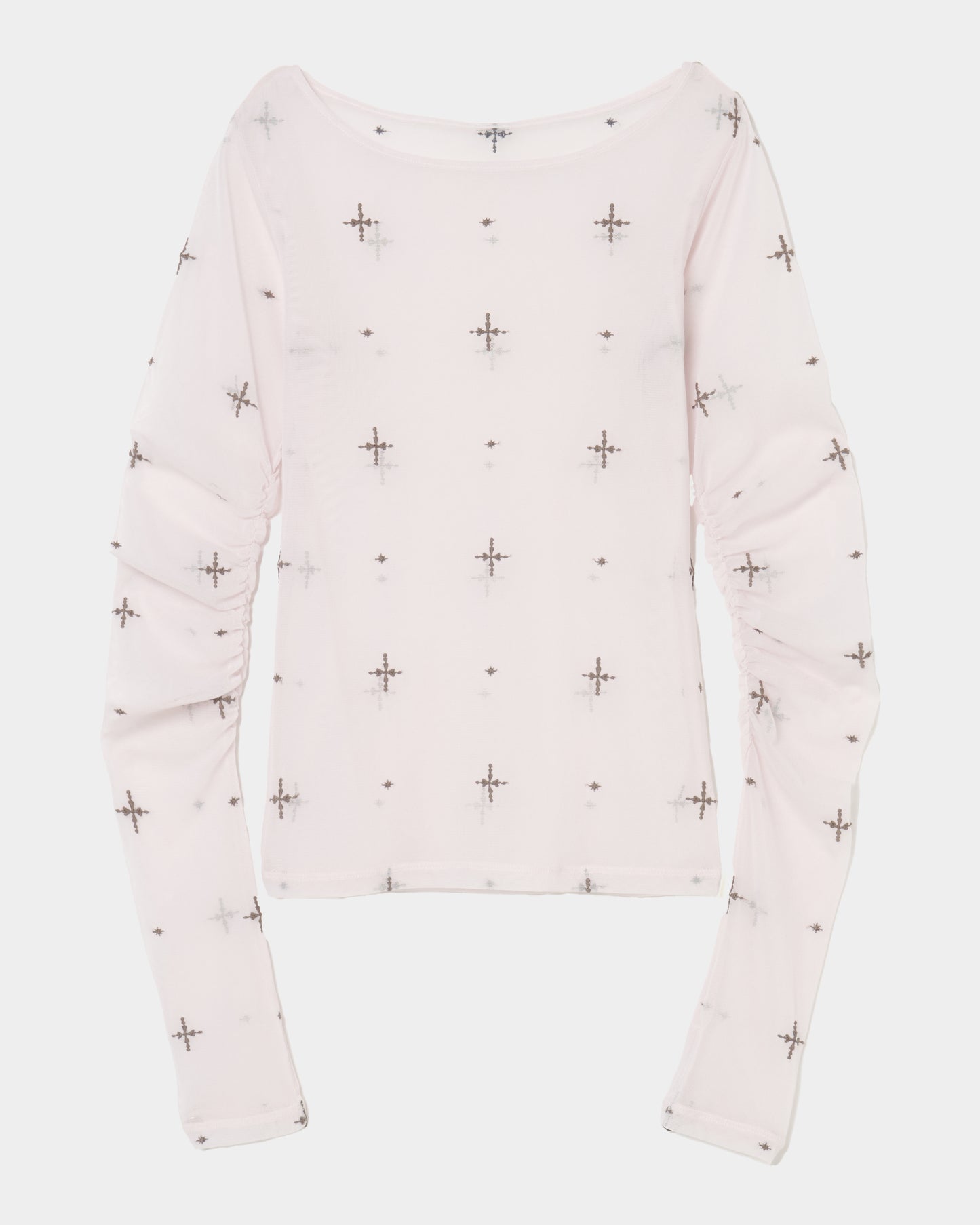 cross embroidery gather sleeve tops Greige【Delivery in February 2026】