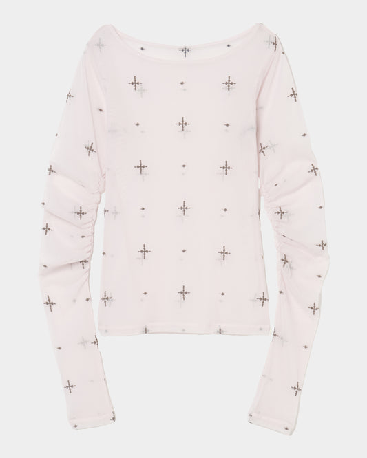 cross embroidery gather sleeve tops Greige【Delivery in February 2026】