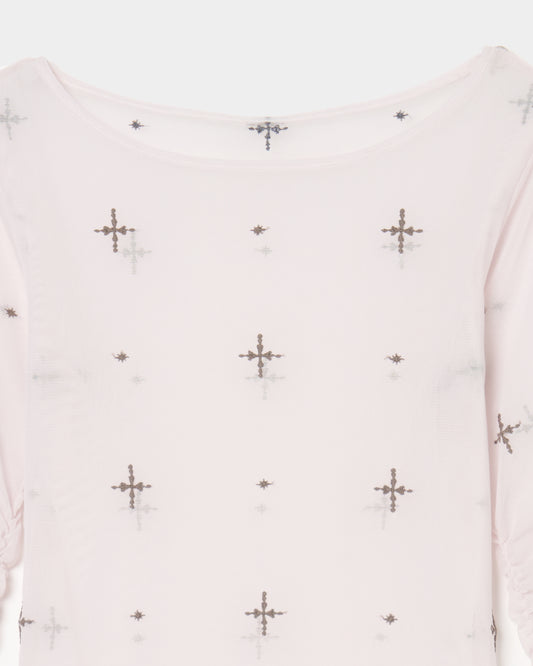 cross embroidery gather sleeve tops Greige【Delivery in February 2026】