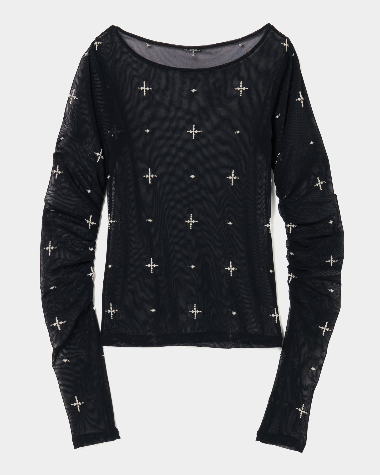 cross embroidery gather sleeve tops Black【Delivery in February 2026】