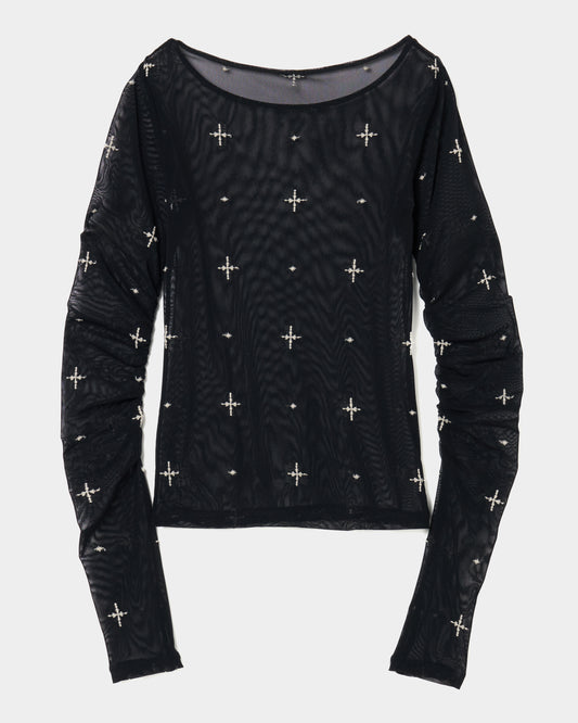 cross embroidery gather sleeve tops Black【Delivery in February 2026】