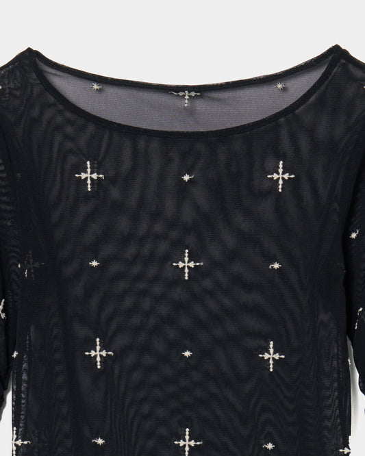 cross embroidery gather sleeve tops Black【Delivery in February 2026】