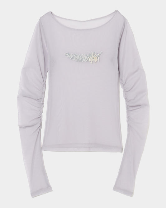 feather beads embroidery gather sleeve tops Gray【Delivery in March 2026】